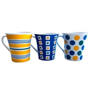 Set of 3 Element Coffee/Tea Mugs Colourful Print PolkaDots, Stripes, Diamonds